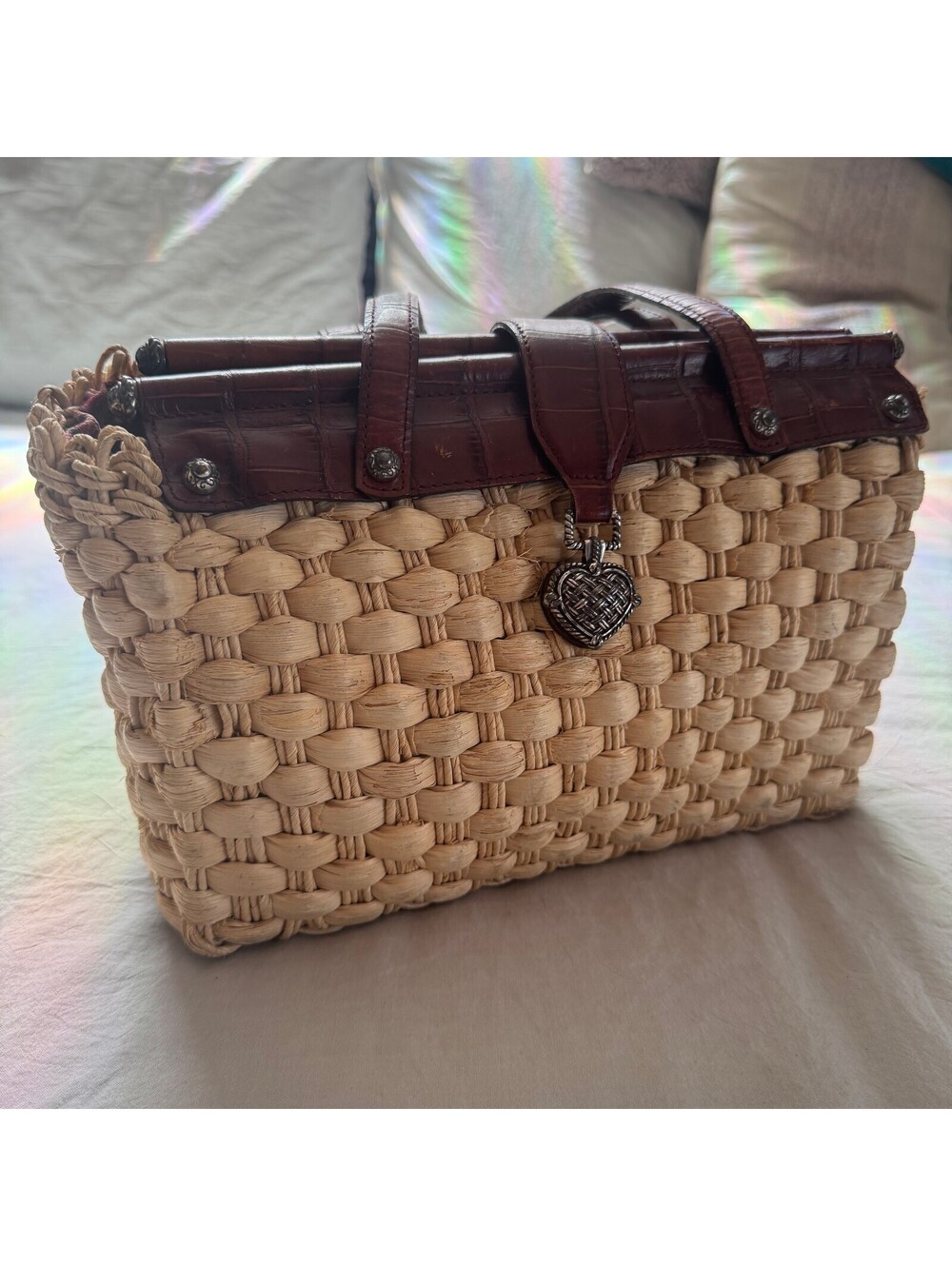 Vintage Woven Straw Raffia Handbag Brown Leather Trim Brighton Heart Closure